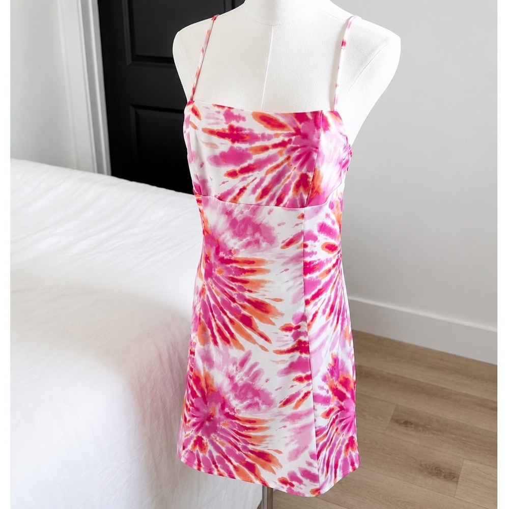 Y2K Slip Mini‎ Dress Women Tie Dye Festival Small Pink Orange